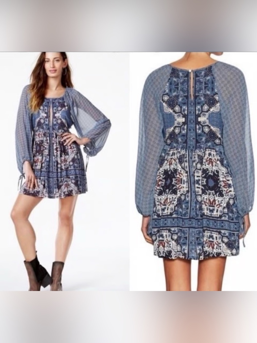 Free People Oksana Blue Printed Long-Sleeve Mini Dress Size 2